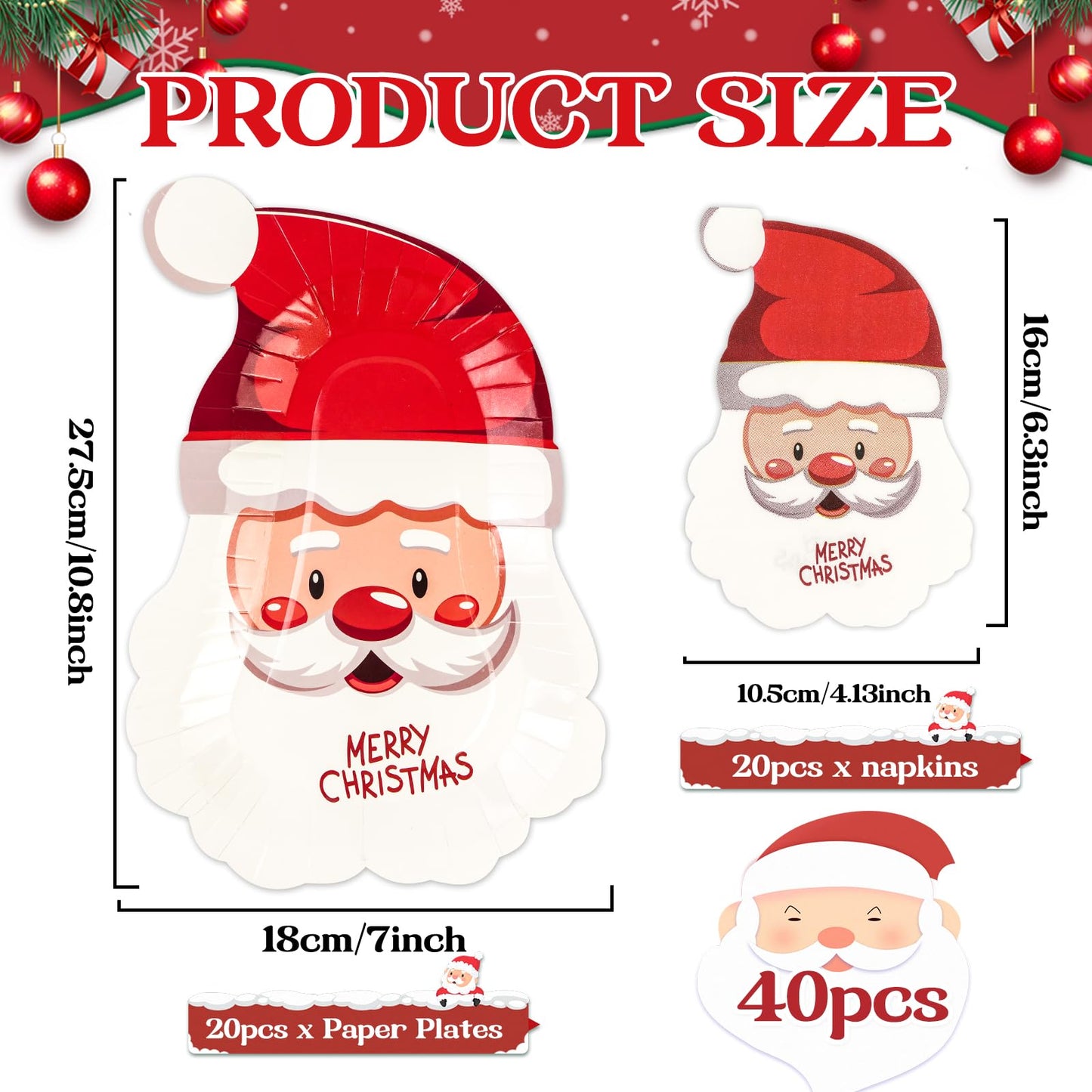 EVYIENEN 40 Pcs Santa Paper Plates and Napkins,Disposable Santa Claus Party Dinner Plates for Christmas Wedding Birthday Party Decorations,Serve 20