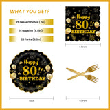 EVYIENEN 75 PCS 80th Birthday Party Supplies Paper Plates and Napkins, Black and Gold 80th Birthday Plates Napkins Tableware Set for Boys Men Tableware Set Decorations
