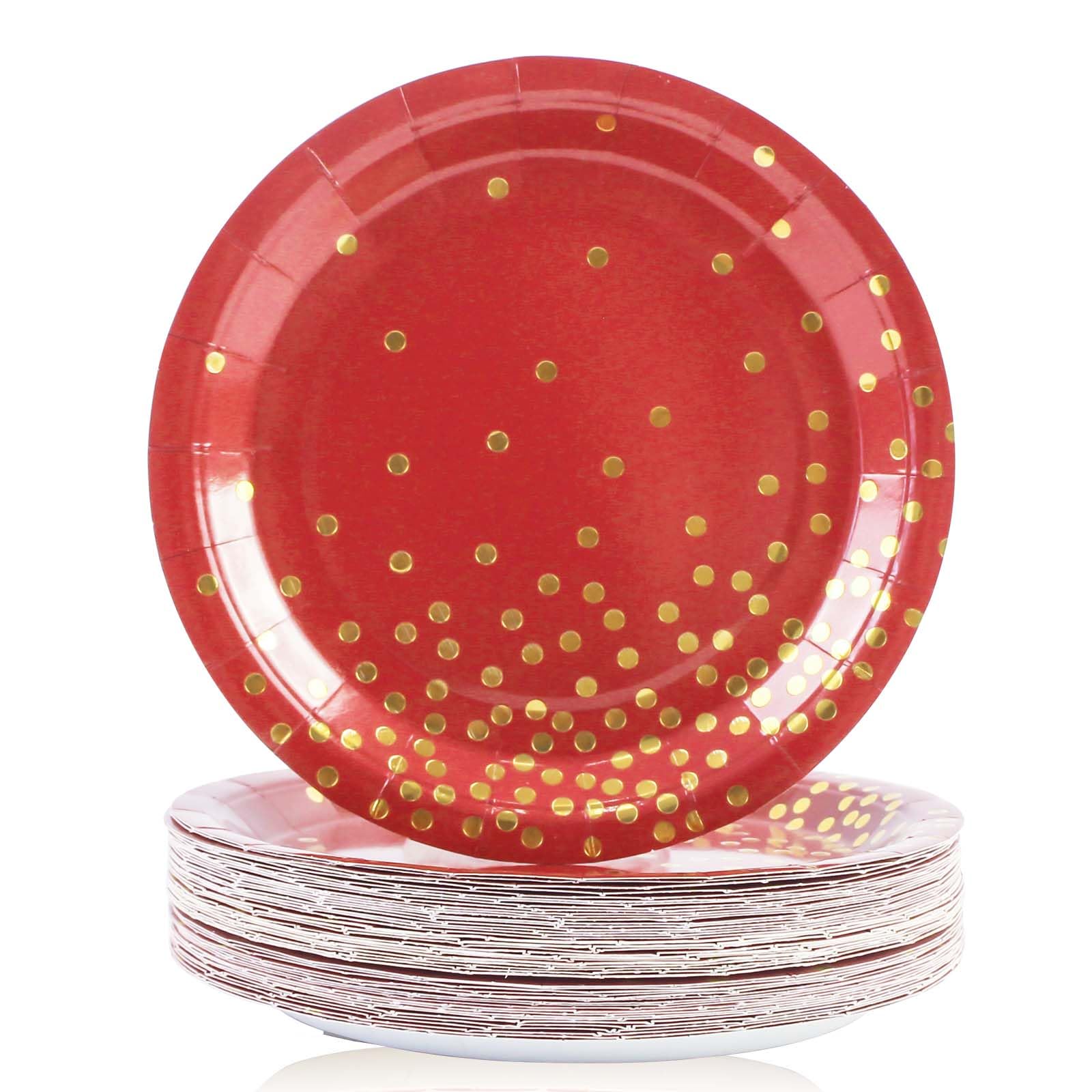 EVYIENEN 50 Pack Red and Gold Paper Plates, 7 inch Metallic Foil Polka Dots Disposable Dessert Party Plates, Perfect for Graduation, Birthday, Weddings, Holiday, Christmas