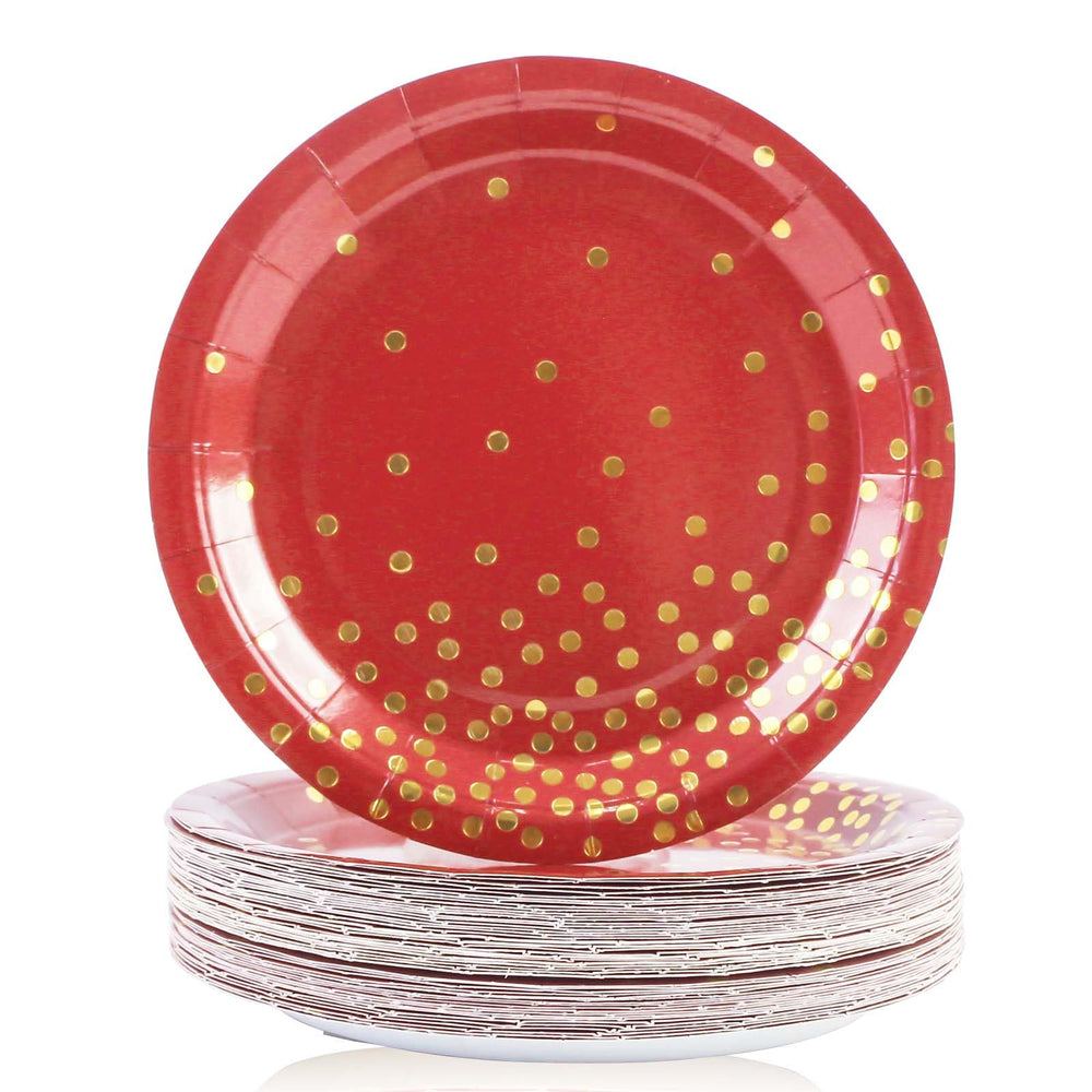EVYIENEN 50 Pack Red and Gold Paper Plates, 7 inch Metallic Foil Polka Dots Disposable Dessert Party Plates, Perfect for Graduation, Birthday, Weddings, Holiday, Christmas