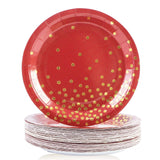 EVYIENEN 50 Pack Red and Gold Paper Plates, 7 inch Metallic Foil Polka Dots Disposable Dessert Party Plates, Perfect for Graduation, Birthday, Weddings, Holiday, Christmas