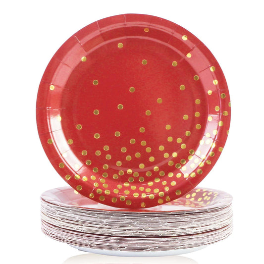 EVYIENEN 50 Pack Red and Gold Paper Plates, 7 inch Metallic Foil Polka Dots Disposable Dessert Party Plates, Perfect for Graduation, Birthday, Weddings, Holiday, Christmas