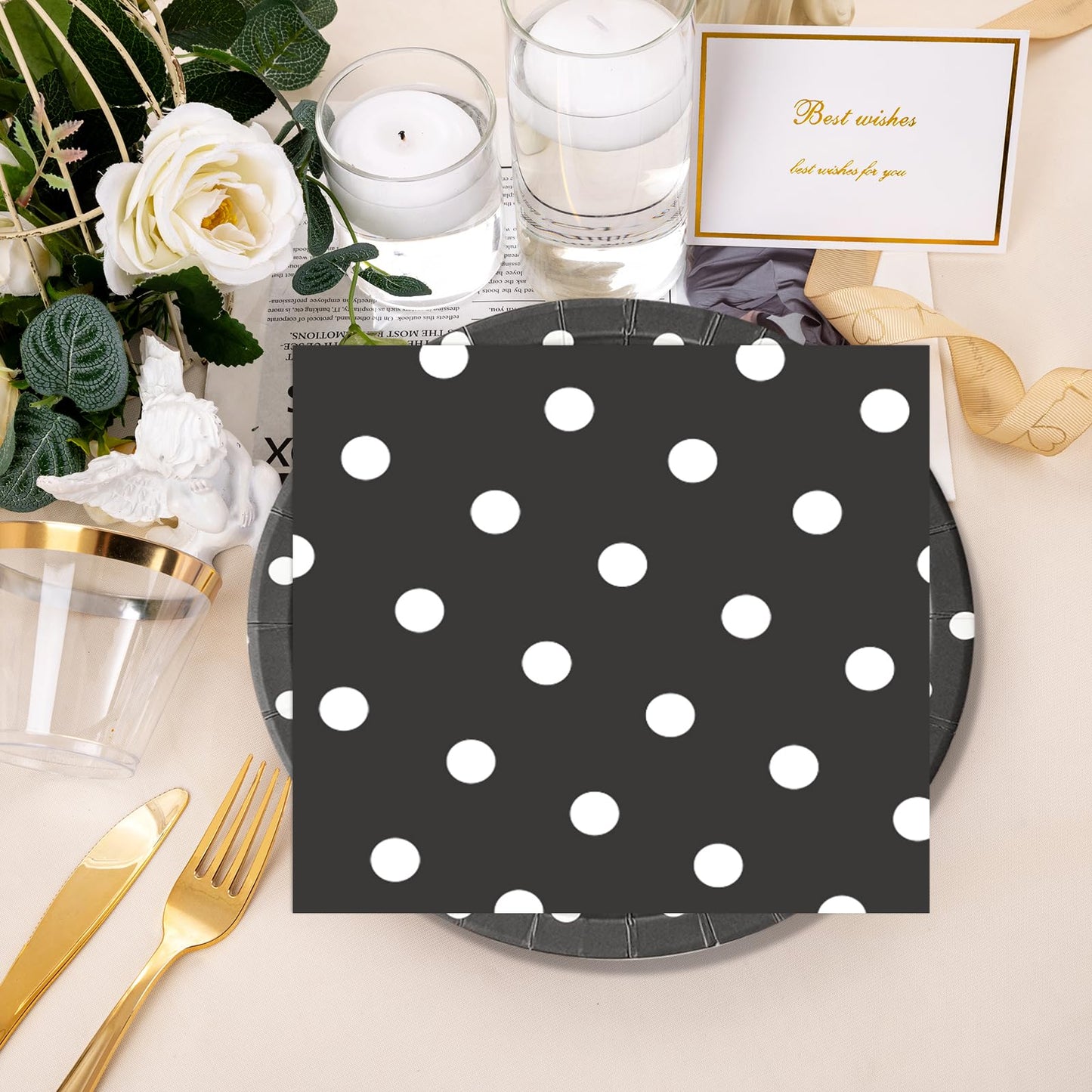 EVYIENEN 50PCS Black Polka Dot Paper Plates and Napkins Party Supplies, Black and White Party Plates and Napkins Tableware Set for Birthday Bridal & Baby Shower Wedding Party Decoration