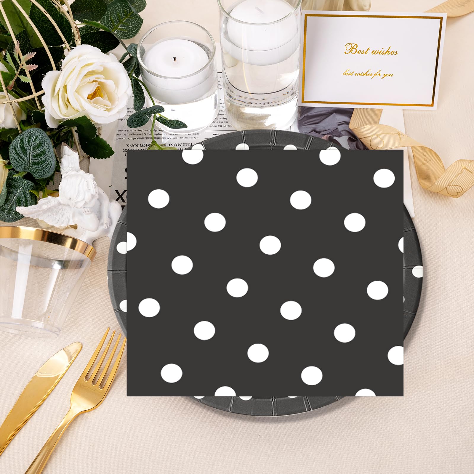 EVYIENEN 50PCS Black Polka Dot Paper Plates and Napkins Party Supplies, Black and White Party Plates and Napkins Tableware Set for Birthday Bridal & Baby Shower Wedding Party Decoration