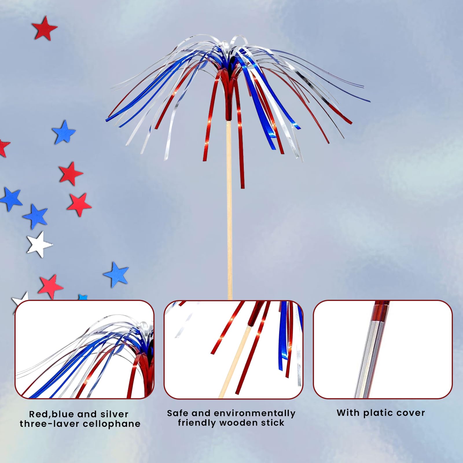 100 Pcs 4th of July Cocktail Picks, Red White Blue Firework Bamboo Toothpicks for Appetizers & Party
