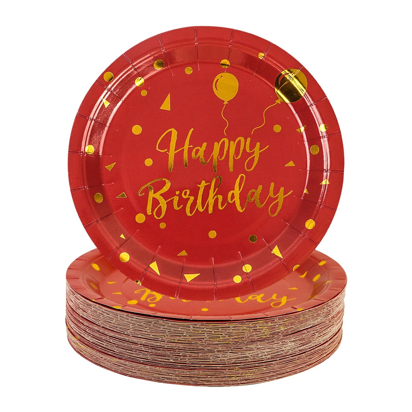 EVYIENEN 50PCS Happy Birthday Red and Gold Paper Plates, 9 inch Metallic Foil Polka Dots Disposable Dessert Party Plates Party Supplies for Graduation Birthday Cocktail Weddings Holiday