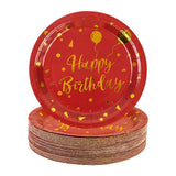 EVYIENEN 50PCS Happy Birthday Red and Gold Paper Plates, 9 inch Metallic Foil Polka Dots Disposable Dessert Party Plates Party Supplies for Graduation Birthday Cocktail Weddings Holiday