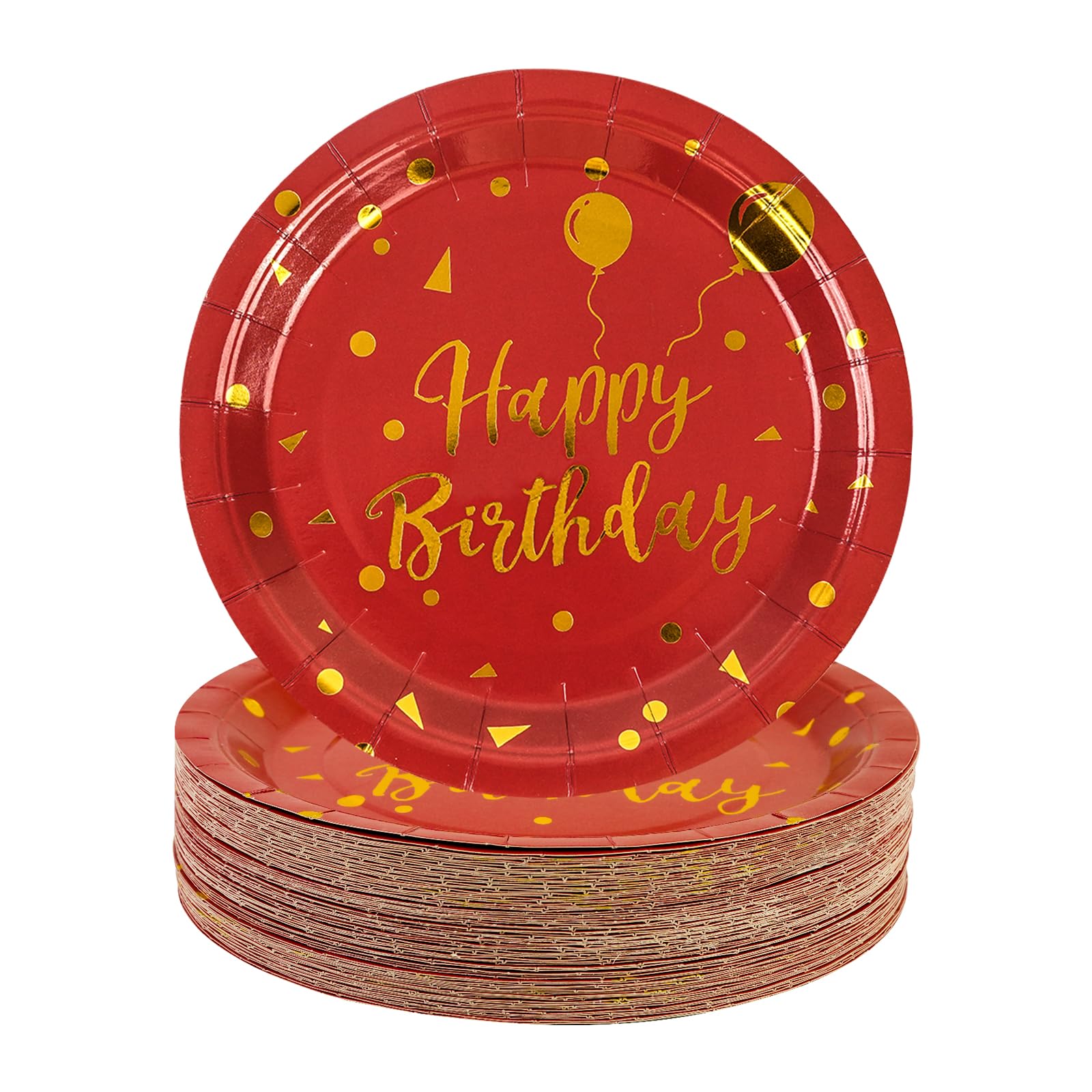 EVYIENEN 50PCS Happy Birthday Red and Gold Paper Plates, 9 inch Metallic Foil Polka Dots Disposable Dessert Party Plates Party Supplies for Graduation Birthday Cocktail Weddings Holiday