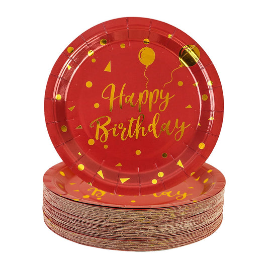 50Pcs Happy Birthday Red and Gold Paper Plates, 9 Inch Metallic Foil Polka Dot Disposable Dessert Plates for Graduation, Birthday and Wedding
