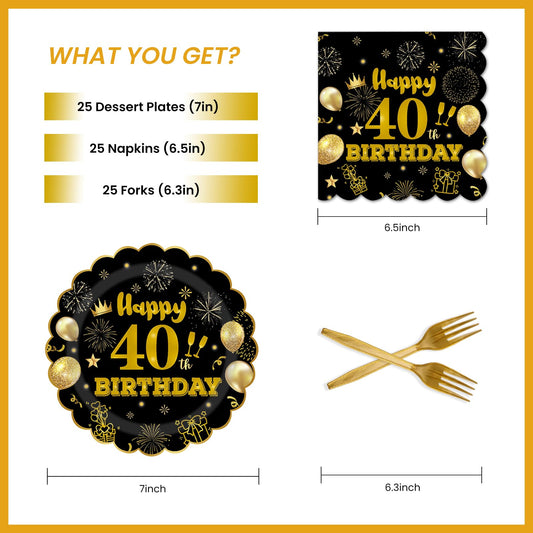 EVYIENEN 75 PCS 40th Birthday Party Supplies Paper Plates and Napkins,Black and Gold 40th Birthday Plates Napkins Tableware Set for Boys Girls Tableware Set Decorations