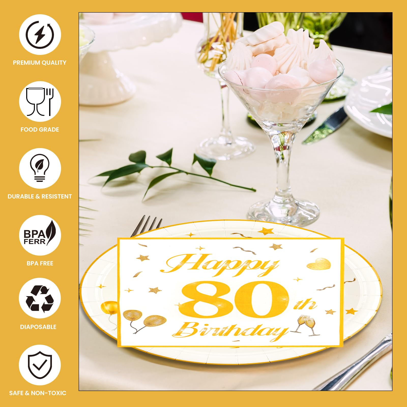 EVYIENEN 50PCS 80th Happy Birthday Plates and Napkins,7 Inch Premium Wihte and Gold Birthday Dessert Cake Plates Party and Cocktail Napkin for Men and Women Table Anniversary Decoration