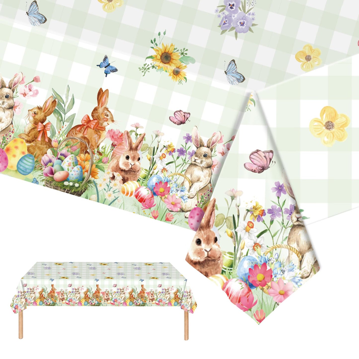 Easter Rectangle Plastic Table Cover, 54x108 Inch Colorful Eggs Bunny and Floral Tablecloth for Easter and Spring Party Decorations