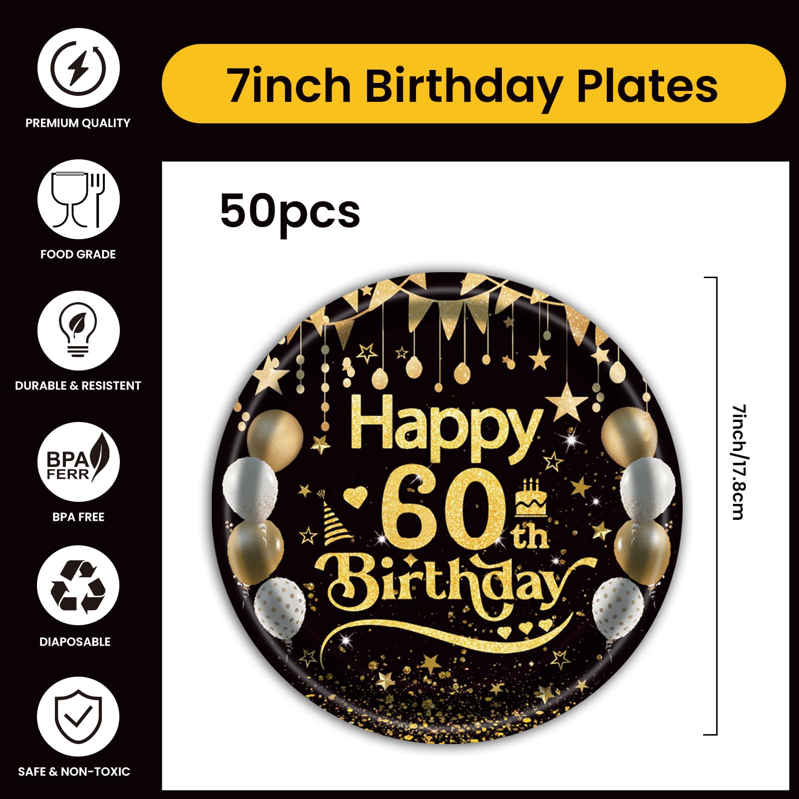 EVYIENEN 50Pcs 60th Birthday Party Paper Plates,9inch Disposable Black and Gold Dessert Party Plates Party Decorations for Men Woman 60th Happy Birthday Wedding Party Supplies
