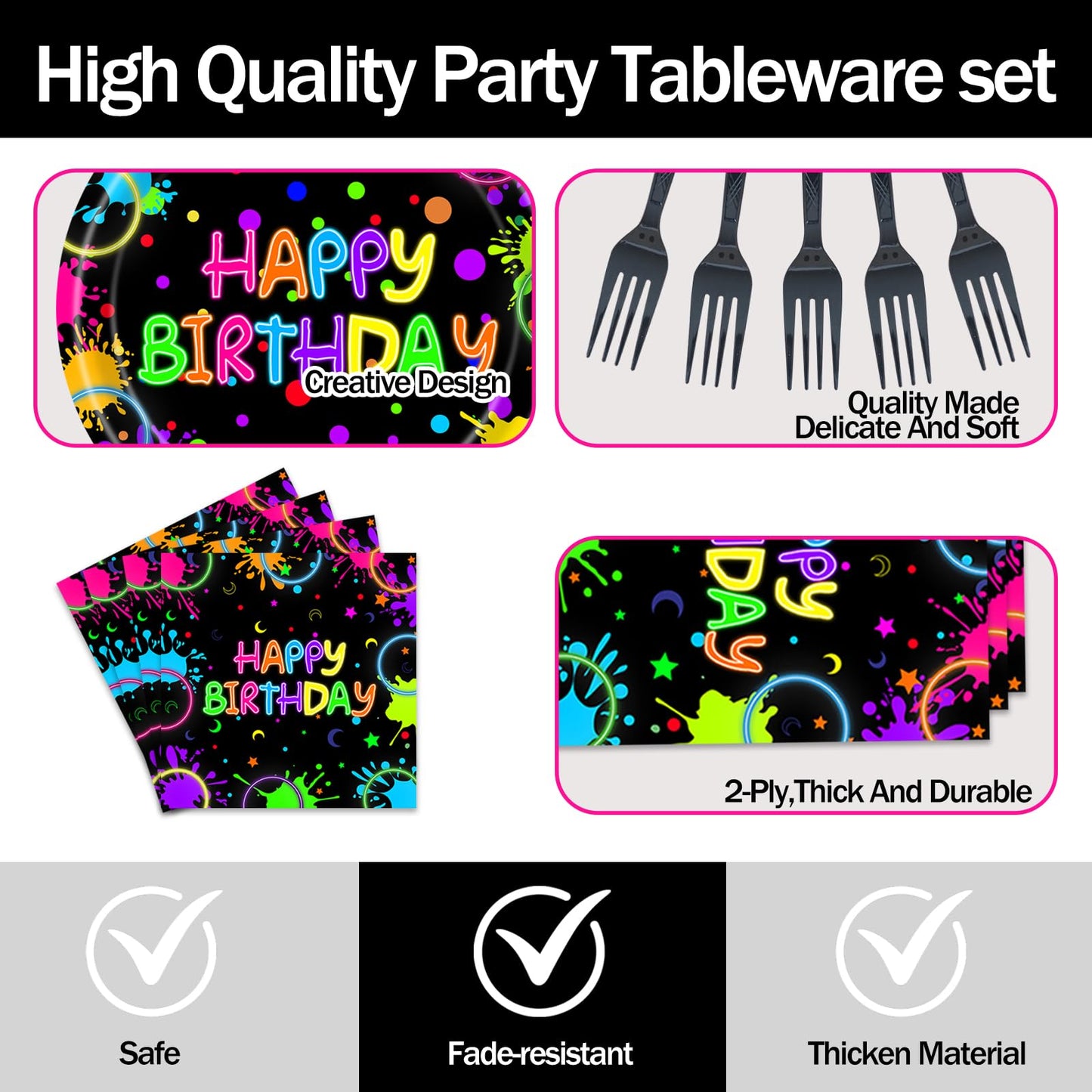 EVYIENEN 75Pcs Neon Birthday Plates and Napkins Party Supplies,7 Inch Neon Paper Plates and 6.5 Inch Napkins with 6.3 Inch Forks Disposable Tableware Set for Birthday Party Decorations,Serve 25