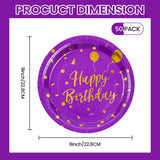 50 Pcs Purple and Gold Paper Plates,9 inch Halloween Paper Plates Disposable Happy Birthday Dessert Cake Plate Party Supplies for Halloween Fall Thanksgiving Birthday Wedding Party Decorations