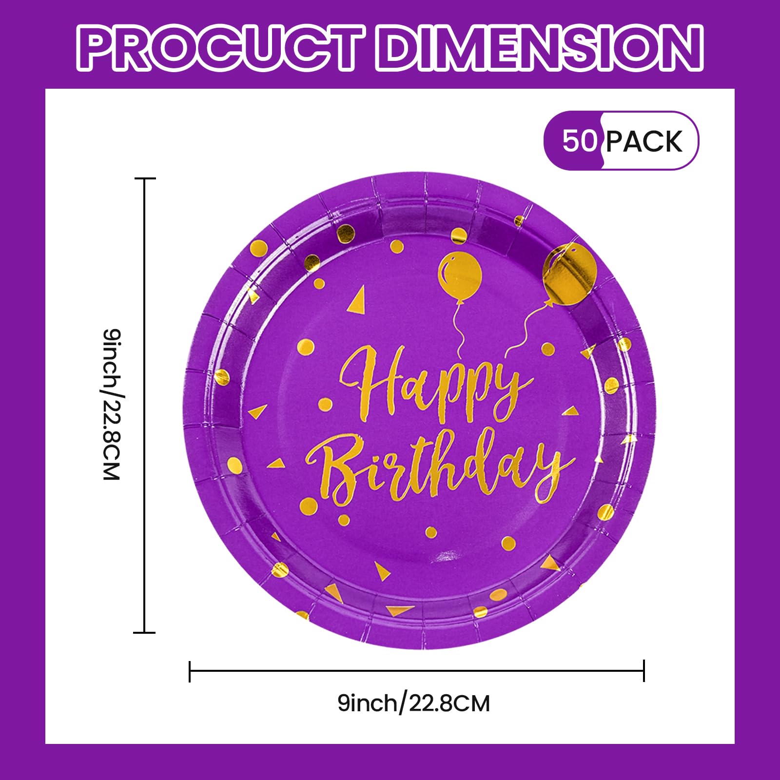 50 Pcs Purple and Gold Paper Plates,9 inch Halloween Paper Plates Disposable Happy Birthday Dessert Cake Plate Party Supplies for Halloween Fall Thanksgiving Birthday Wedding Party Decorations