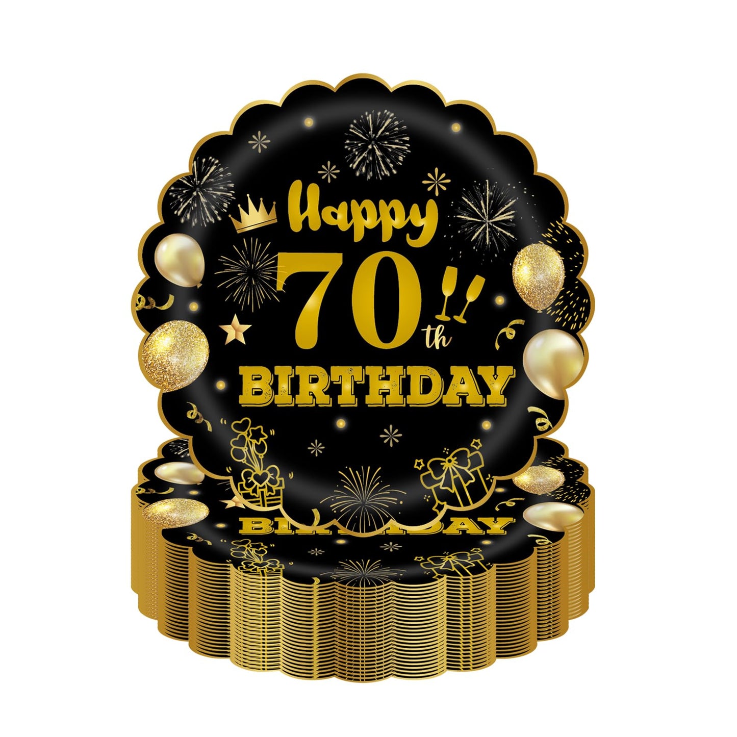 EVYIENEN 50Pcs 70th Birthday Party Paper Plates,7inch Disposable Black and Gold Scalloped Dessert Party Plates for Birthday Wedding Anniversary Reception Event Decorations
