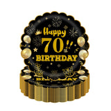 EVYIENEN 50Pcs 70th Birthday Party Paper Plates,7inch Disposable Black and Gold Scalloped Dessert Party Plates for Birthday Wedding Anniversary Reception Event Decorations