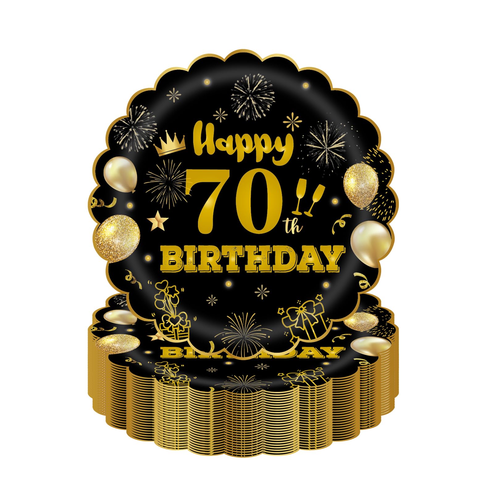 EVYIENEN 50Pcs 70th Birthday Party Paper Plates,7inch Disposable Black and Gold Scalloped Dessert Party Plates for Birthday Wedding Anniversary Reception Event Decorations