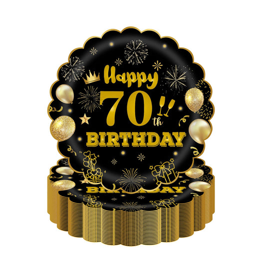 EVYIENEN 50Pcs 70th Birthday Party Paper Plates,7inch Disposable Black and Gold Scalloped Dessert Party Plates for Birthday Wedding Anniversary Reception Event Decorations
