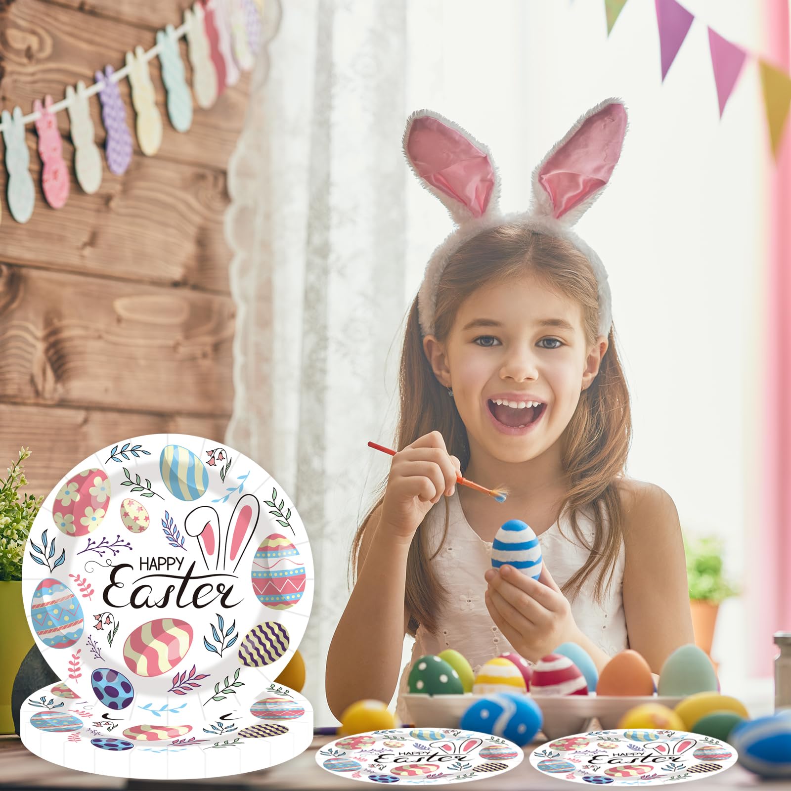 50PCS Happy Easter Bunny Paper Plates, 7-Inch Colorful Dessert Plates for Spring Parties & Table Decorations
