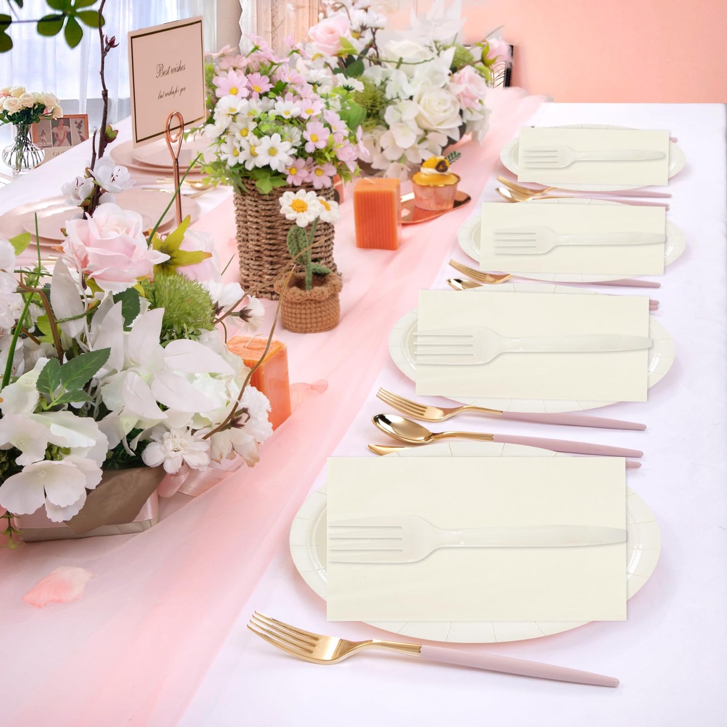 75PCS Paper Plates and Napkins Set, Lvory White Party Supplies Disposable Dinnerware Includes Paper Plates Napkins Forks Decorations for Birthday,Weddings
