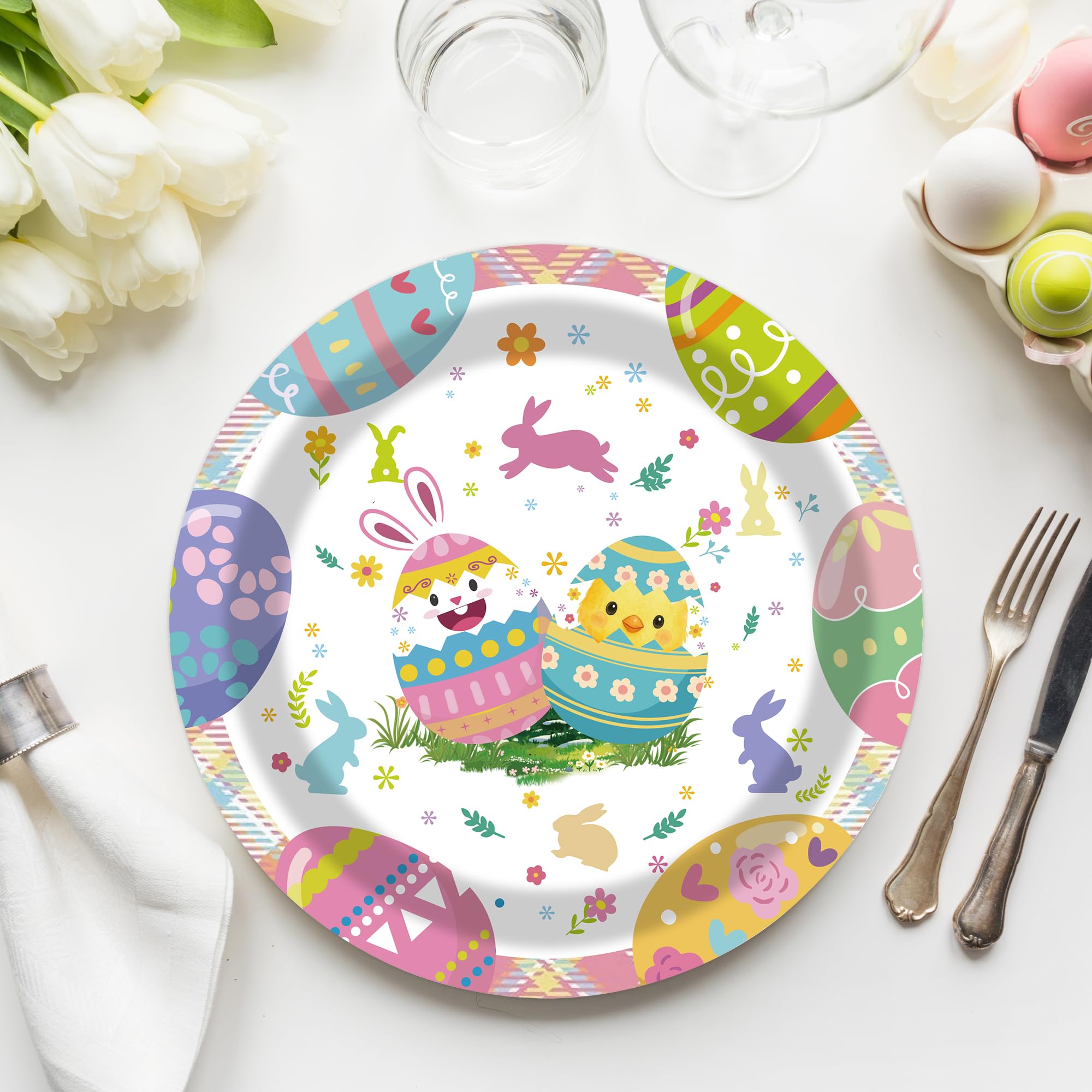 50Pcs Easter Paper Plates, 7 Inch Colorful Bunny and Egg Dessert Plates for Easter, Spring and Birthday Parties