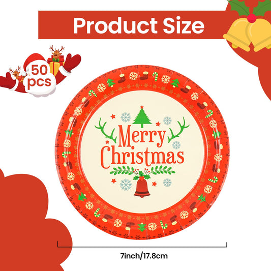 50Pack Christmas Paper Plates, 7 Inch Red Christmas Tree Dessert Plates for Xmas Holiday Party