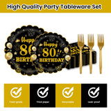 EVYIENEN 96Pcs 80th Birthday Party Tableware Set,Back in 1965 Birthday Party Decorations Supplies, Disposable Black and Gold 80th Birthdays Paper Plates Napkins Forks Favors for Men Women, Serve 24