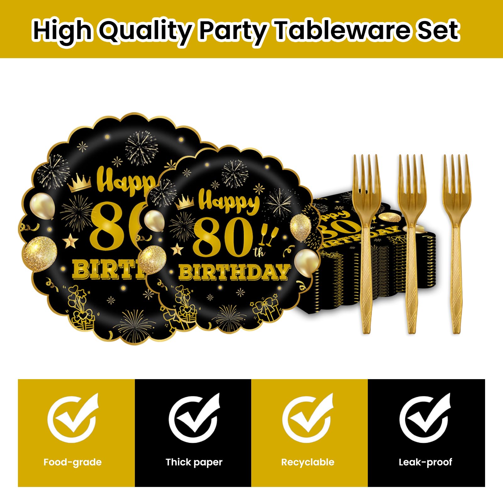 EVYIENEN 96Pcs 80th Birthday Party Tableware Set,Back in 1965 Birthday Party Decorations Supplies, Disposable Black and Gold 80th Birthdays Paper Plates Napkins Forks Favors for Men Women, Serve 24