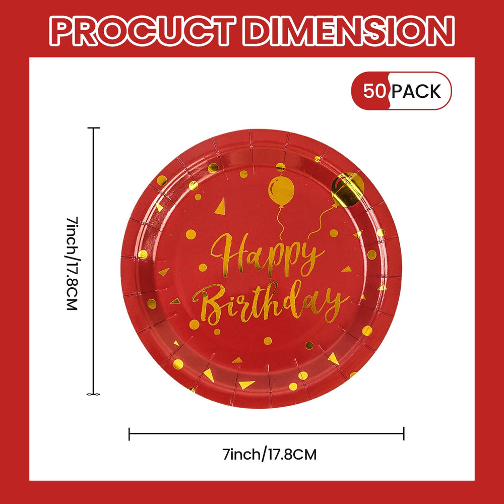 EVYIENEN 50 Pack Happy Birthday Red and Gold Paper Plates, 7 inch Metallic Foil Polka Dots Disposable Dessert Party Supplies for Graduation Wedding Holiday Christma Party Decorations — image 2