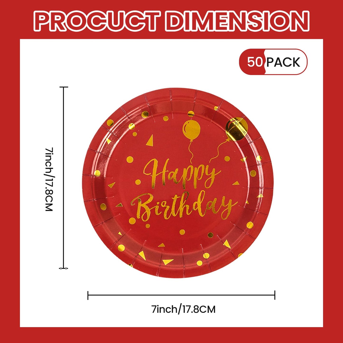 EVYIENEN 50 Pack Happy Birthday Red and Gold Paper Plates, 7 inch Metallic Foil Polka Dots Disposable Dessert Party Supplies for Graduation Wedding Holiday Christma Party Decorations