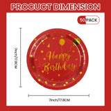 EVYIENEN 50 Pack Happy Birthday Red and Gold Paper Plates, 7 inch Metallic Foil Polka Dots Disposable Dessert Party Supplies for Graduation Wedding Holiday Christma Party Decorations