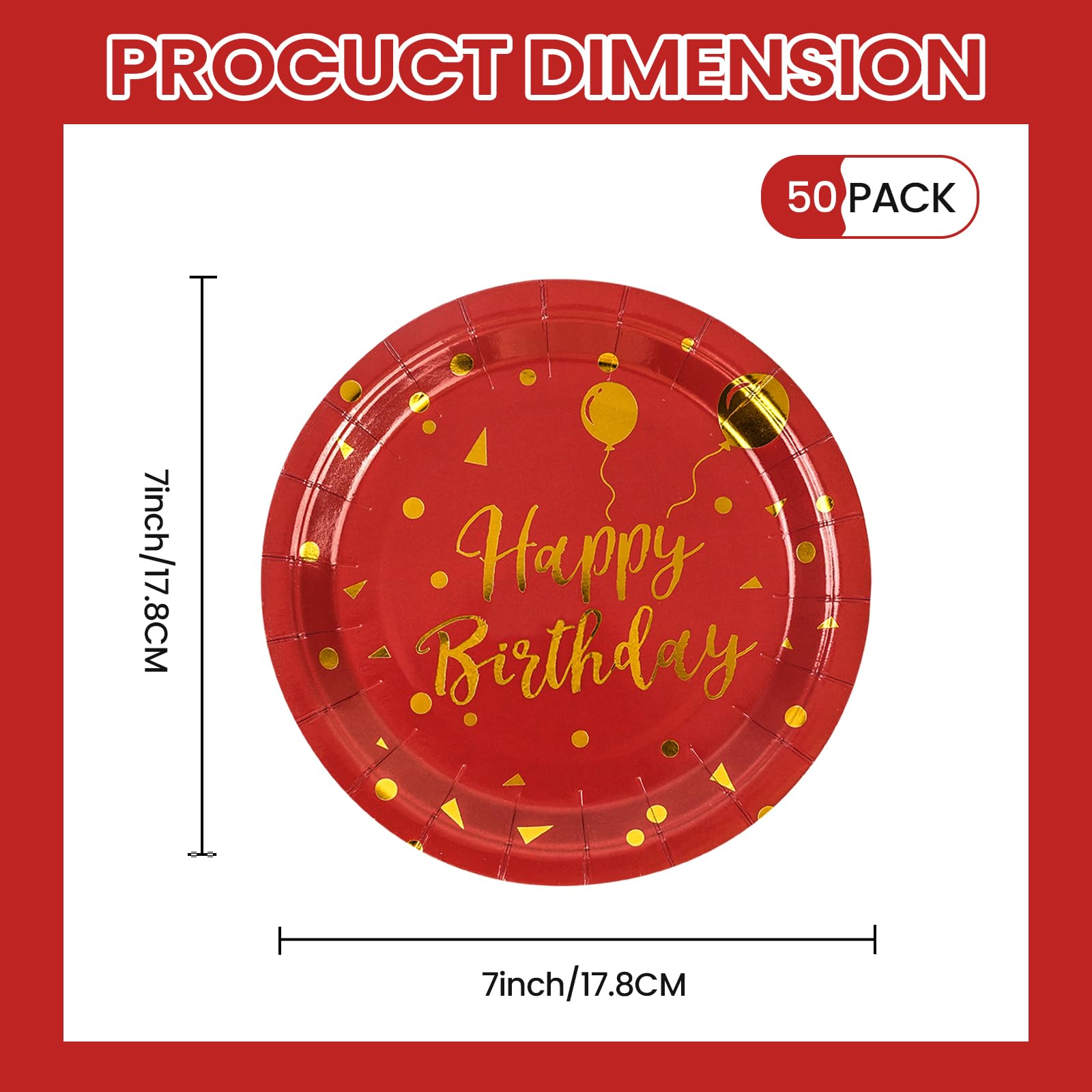 EVYIENEN 50 Pack Happy Birthday Red and Gold Paper Plates, 7 inch Metallic Foil Polka Dots Disposable Dessert Party Supplies for Graduation Wedding Holiday Christma Party Decorations