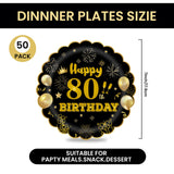 EVYIENEN 50Pcs 80th Birthday Party Paper Plates,7inch Disposable Black and Gold Scalloped Dessert Party Plates for Birthday Wedding Anniversary Reception Event Decorations