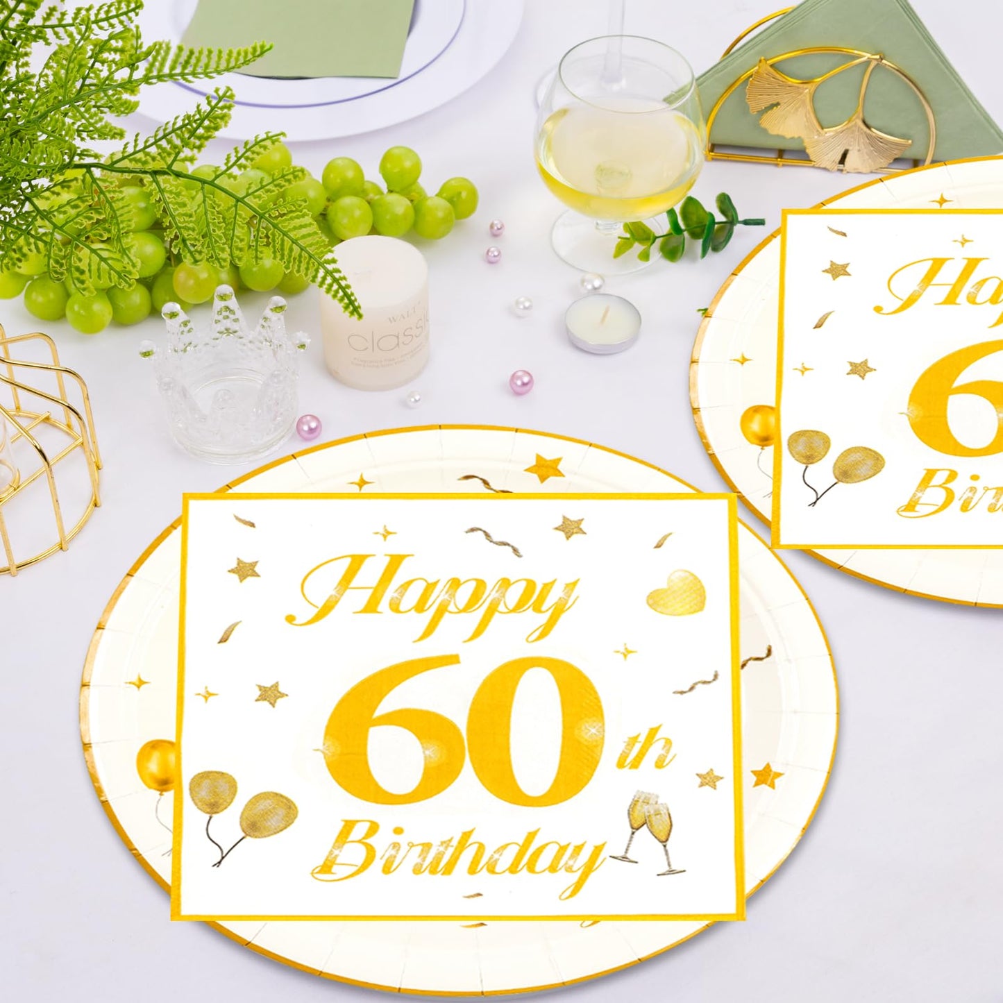 EVYIENEN 50PCS 60th Happy Birthday Plates and Napkins,7 Inch Premium Wihte and Gold Birthday Dessert Cake Plates Party and Cocktail Napkin for Men and Women Table Anniversary Decoration