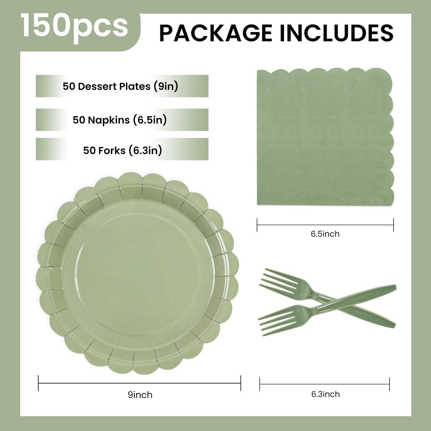 150Pcs Sage Green Paper Plates and Napkins,50 Sage Green Guest Scalloped Paper Tableware Forks Disposable Dinnerwaret Kit for Baby Shower Bridal Wedding Birthday Party New Year Decorations (9inch)