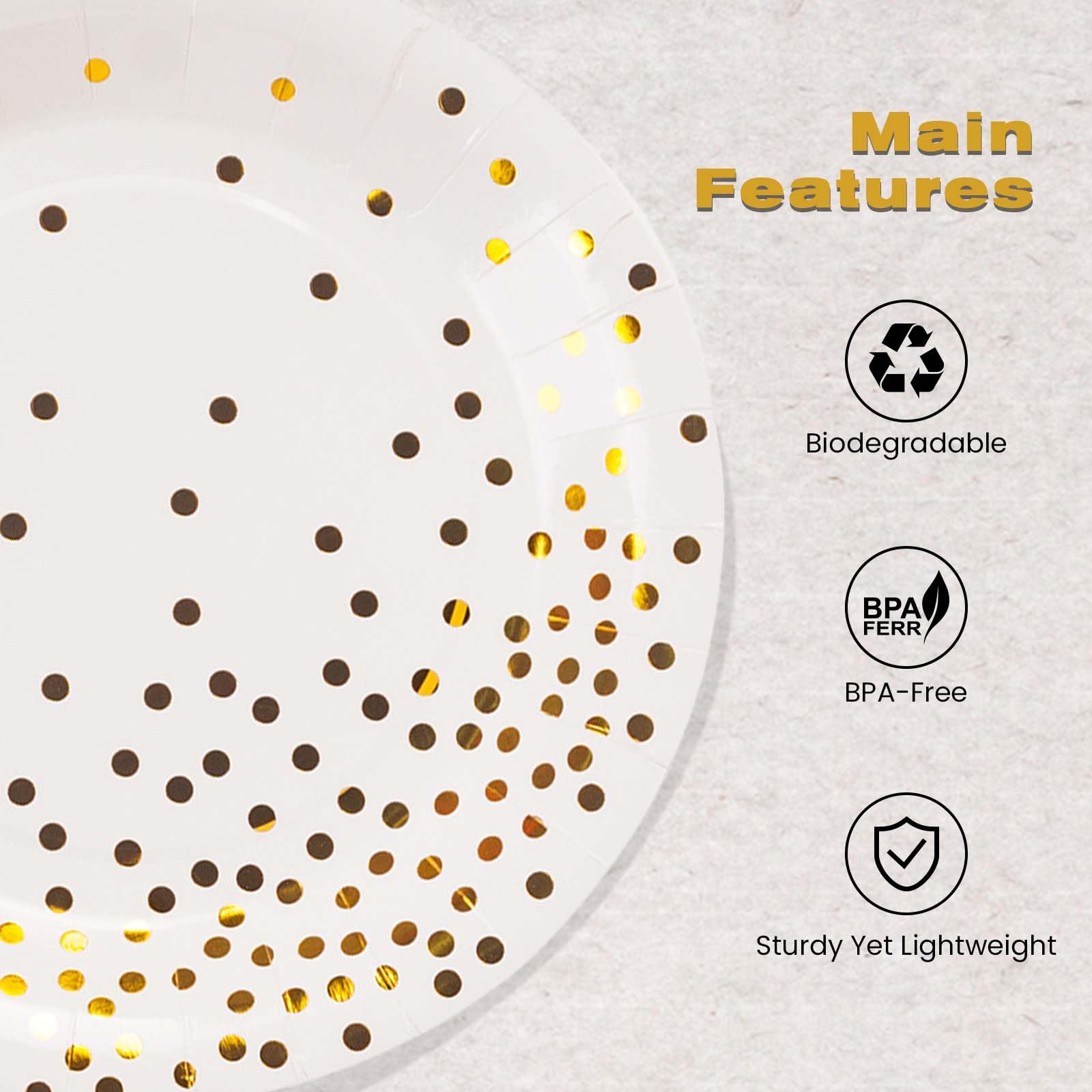 EVYIENEN 50 Pack White and Gold Paper Plates, 7 inch Metallic Foil Polka Dots Disposable Dessert Party Plates Party Supplies for Graduation Birthday Party Weddings Holiday Christmas