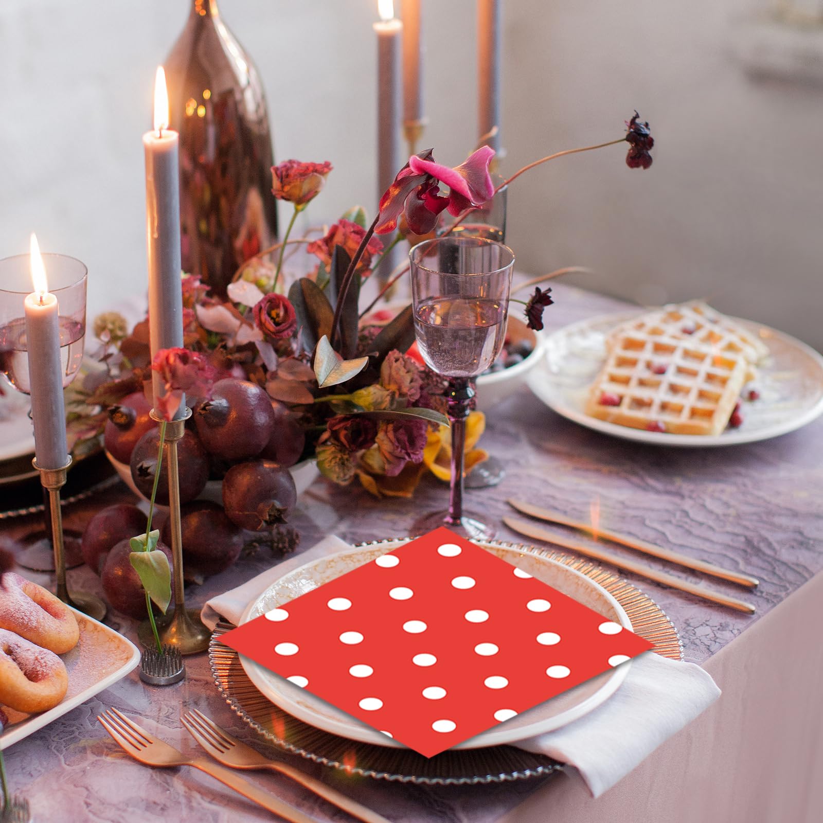 50pcs White Polka Dot Red Napkins, Disposable 2-Ply Cocktail & Happy Birthday Napkins, Polka Dot Party Decorations for Wedding Baby Shower Birthday Bridal Party