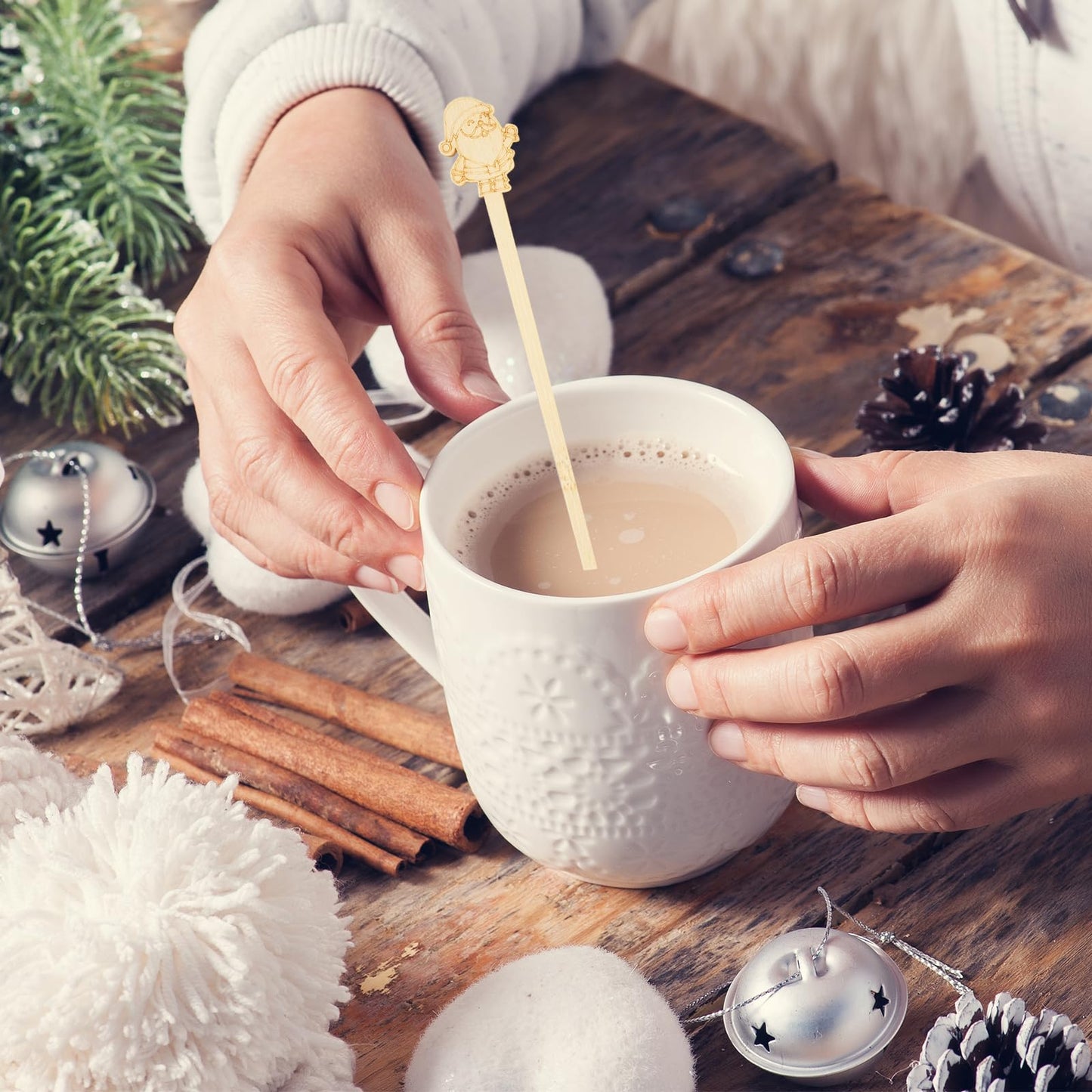 50PCS Bamboo Coffee Stirrers, 7 inch Biodegradable Disposable Christmas Coffee stirrers for Coffee Milk Christmas New Year Office Hot Chocolate Bar Supplies