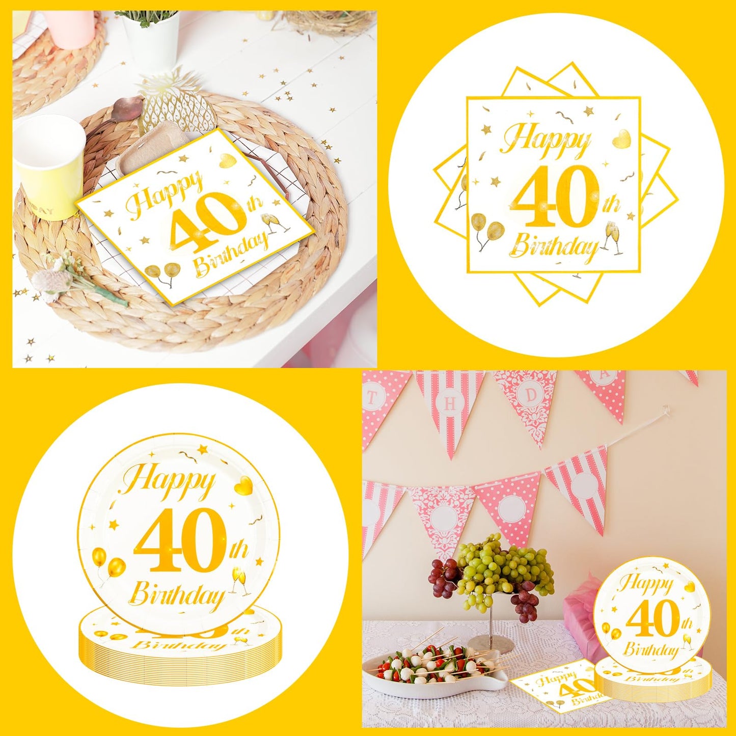 EVYIENEN 50PCS 40th Happy Birthday Plates and Napkins,7 Inch Premium Wihte and Gold Birthday Dessert Cake Plates Party and Cocktail Napkin for Men and WomenTable Anniversary Decoration