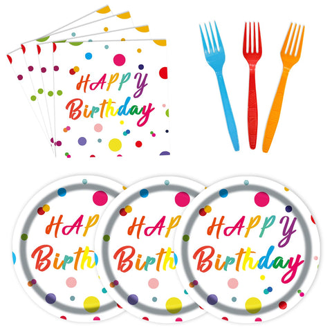 75Pcs Happy Birthday Dots Plates and Napkins Party Supplies,7 Inch Dots Paper Plates and 6.5 Inch Napkins with 6.3 Inch Forks Disposable Tableware Set for Birthday Party Decorations,Serve 25