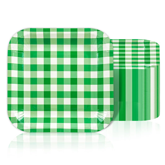 EVYIENEN 50 Pcs Green Striped Paper Plates 7 Inch Disposable Square Dinner Dessert Serving Party Plates for Birthday Wedding Bridal Baby Shower Party Supplies