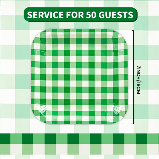 50Pcs Green Striped Paper Plates, 7 Inch Disposable Square Dinner and Dessert Plates for Birthday, Wedding and Baby Shower