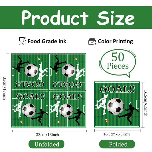 50Pcs Soccer Paper Napkins, Sports Theme Disposable Cocktail and Dinner Napkins for Sports Party, 6.5 x 6.5 Inch
