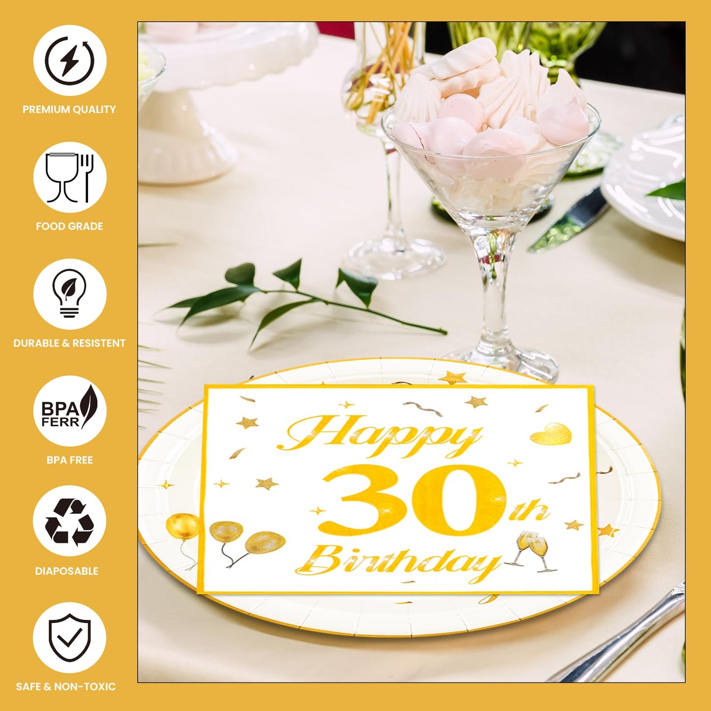 EVYIENEN 50PCS 30th Happy Birthday Plates and Napkins,7 Inch Premium Wihte and Gold Birthday Dessert Cake Plates Party and Cocktail Napkin for Men and Women Table Anniversary Decoration