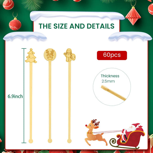 60PCS Bamboo Coffee Stirrers, 6.9 Inch Biodegradable Disposable Drink Stirrers – Santa Claus Christmas Design for Office, Coffee Shop & Home