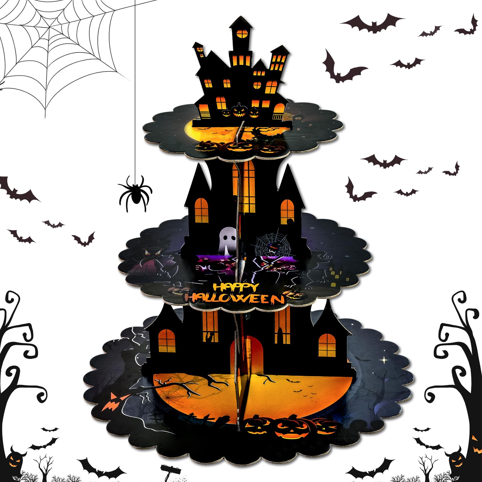 Halloween Cupcake Stand Supplies 3 Tier Cupcake Stand Cardboard Cake Stand Horror Theme Party Supplies Dessert Tower Holder for Halloween Table Decorations (Purple)