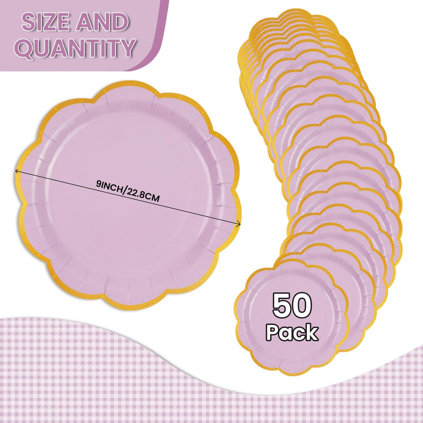 EVYIENEN 50 Pcs Purple Paper Plates,9 Inches Gold Foil Disposable Scalloped Paper Party Plates for Cake Dessert Halloween Fall Thanksgiving Birthday Wedding Baby Shower Party Decorations