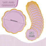 EVYIENEN 50 Pcs Purple Paper Plates,9 Inches Gold Foil Disposable Scalloped Paper Party Plates for Cake Dessert Halloween Fall Thanksgiving Birthday Wedding Baby Shower Party Decorations